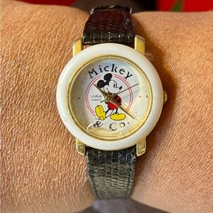 Vintage Mickey Mouse Lorus Disney Quartz Watch with Black Leather Band. 8 inches